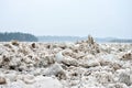 Spring flood threat. The ice jam on the river. Royalty Free Stock Photo