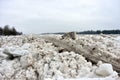 Spring flood threat. The ice jam on the river. Royalty Free Stock Photo