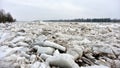 Spring flood threat. The ice jam on the river. Royalty Free Stock Photo