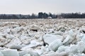 Spring flood threat. The ice jam on the river. Royalty Free Stock Photo