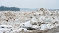 Spring flood threat. The ice jam on the river. Royalty Free Stock Photo