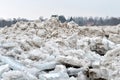 Spring flood threat. The ice jam on the river. Royalty Free Stock Photo