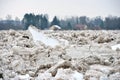 Spring flood threat. The ice jam on the river. Royalty Free Stock Photo