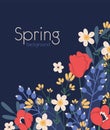 Spring floral background with composition of blooming wild flowers. Template of vertical colored card with place for