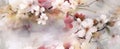 Spring floral banner, Hazy white smoke, pale pink and pale yellow wildflowers, watercolor retro style, layered