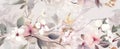 Spring floral banner, Hazy white smoke, pale pink and pale yellow wildflowers, watercolor retro style, layered