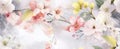 Spring floral banner, Hazy white smoke, pale pink and pale yellow wildflowers, watercolor retro style, layered