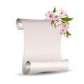 Spring floral banner with Scroll blank paper and blooming pink cherry flowers