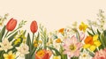 Spring Floral Border with Elegant Tulips and Daffodils on Pastel Background Royalty Free Stock Photo
