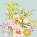 Spring Floral Bouquet with Birds, Greeting Card Royalty Free Stock Photo