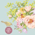 Spring Floral Bouquet with Birds, Greeting Card Royalty Free Stock Photo