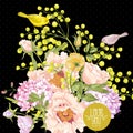 Spring Floral Bouquet with Birds, Greeting Card Royalty Free Stock Photo