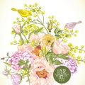 Spring Floral Bouquet with Birds, Greeting Card Royalty Free Stock Photo
