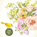 Spring Floral Bouquet with Birds, Greeting Card Royalty Free Stock Photo