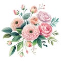 Spring floral bouquet watercolor flowers pink roses, vector Illustration. Royalty Free Stock Photo