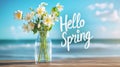 Spring floral composition, in a vase on a sea background, hello spring concept, template for design, selective focus Royalty Free Stock Photo