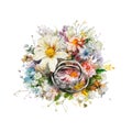 Spring floral diamond wedding ring watercolor illustration, spring clipart