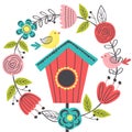 Spring floral frame with bird and birdhouse