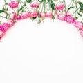 Spring floral frame made of pink roses, buds and leaves on white background. Flat lay, Top view. Royalty Free Stock Photo