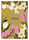 Spring floral framed card design. Botanical season postcard with blossomed blooming garden. Natural poster background