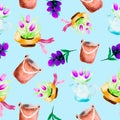 Spring floral, gardening tools seamless pattern with flowers. Bright colors, tulip painting on a light blue background Royalty Free Stock Photo