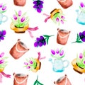 Spring floral, gardening tools seamless pattern with flowers. Bright colors, tulip painting on a white background Royalty Free Stock Photo