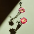 Spring floral layout - Pink and red flower top view on pastel green background. Ranunculus flower in glass vase with shadow on