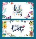 Spring floral postcard vector illustration. Hello spring template poster with decorative butterfly. Spring time seasonal Royalty Free Stock Photo