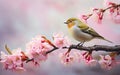Spring floral poster, botanical banner. The bird standing on cherry blossom branch. Blooming trees, asian style. AI Generative