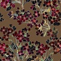 Spring floral seamless pattern. Abstract watercolor flowers of bloo ming fruit trees in dark colors