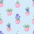 Spring floral seamless pattern. Bouquet flowers of snowdrop, May lilies of the valley, purple crocuses and periwinkle in Royalty Free Stock Photo