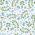 Spring floral seamless pattern with forget me not blue flowers and leaves, red berries on white. Cute season natural background Royalty Free Stock Photo