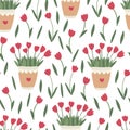 Spring floral seamless pattern with red tulip flowers in pots. Royalty Free Stock Photo