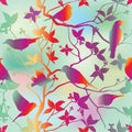 Spring floral seamless wallpaper with birds on branches over blue sky Royalty Free Stock Photo