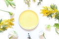 Spring floral table settings with spring flowers. Top view empty plate.