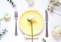 Spring floral table settings with spring flowers. Top view empty plate. Royalty Free Stock Photo