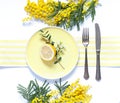 Spring floral table settings with spring flowers. Top view empty plate. Royalty Free Stock Photo