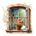 Spring floral window provence watercolor illustration, spring clipart