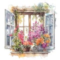 Spring floral window provence watercolor illustration, spring clipart