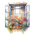 Spring floral window provence watercolor illustration, spring clipart