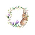 Spring floral wreath with cute bunny isolated on white background. Crocus, willow branches. Watercolor illustration