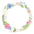Spring floral wreath with cute flowers, leaves, and berries. Design for greetings, invitations, baby shower, wedding