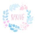 Spring floral wreath, painted watercolor pink and blue flowers. Soft pastel branches with leaves on white background.