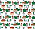 Town seamless pattern with colour houses and graphic trees. design for banner, flyer, invitation, poster, web site or greeting car