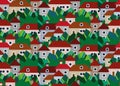 Town seamless pattern with colour houses and graphic trees. design for banner, flyer, invitation, poster, web site or greeting car