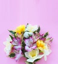 Spring flower arrangement. Pink astromeria and yellow tulips on a pink background. Royalty Free Stock Photo