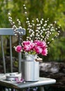 Spring flower arrangement. Pink, white tulips and willow branches with catkins in an aluminum milk can. Royalty Free Stock Photo