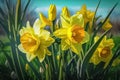 Spring flower background Daffodils against a clear blue sky. Beautiful blurred spring background nature. generative AI Royalty Free Stock Photo