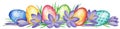 Spring flower banner of crocuses and easter eggs. Watercolor Background