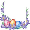 Spring flower banner of crocuses and easter eggs. Watercolor Background Royalty Free Stock Photo